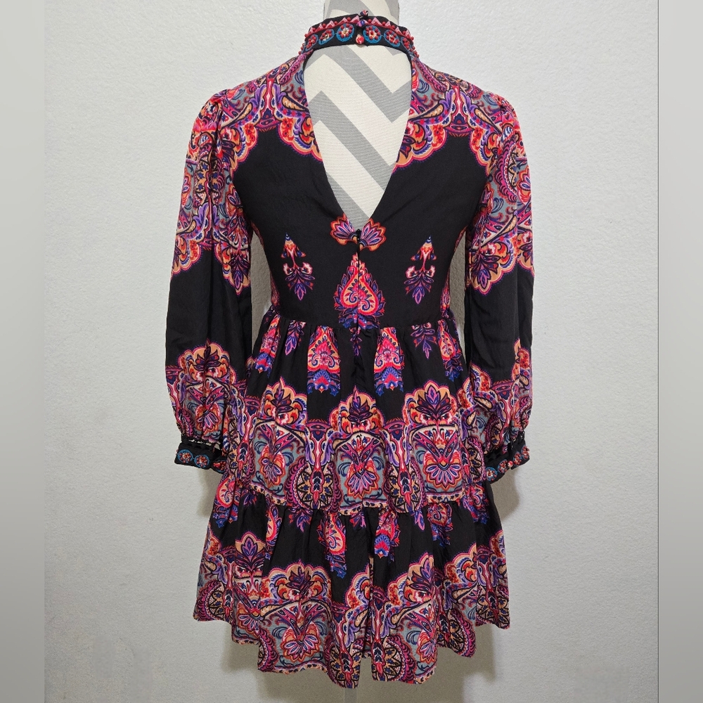 Anthropologie Boho Paisley Print Mock Neck Long Sleeve Mini Dress Size 0P - Picture 8 of 16